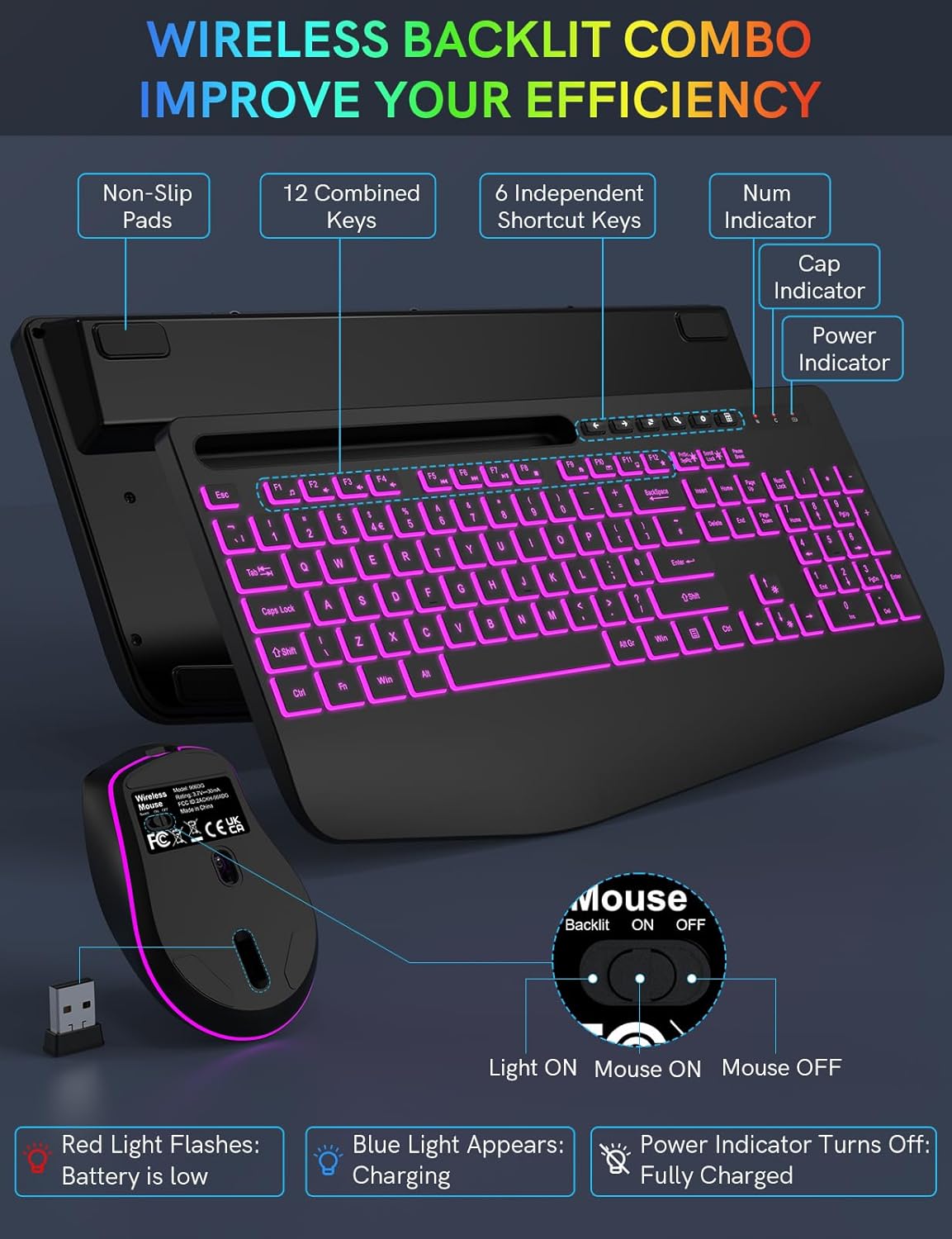 Wireless Keyboard and Mouse Set, 7 Colored Backlit, Wrist Re... - Image 10