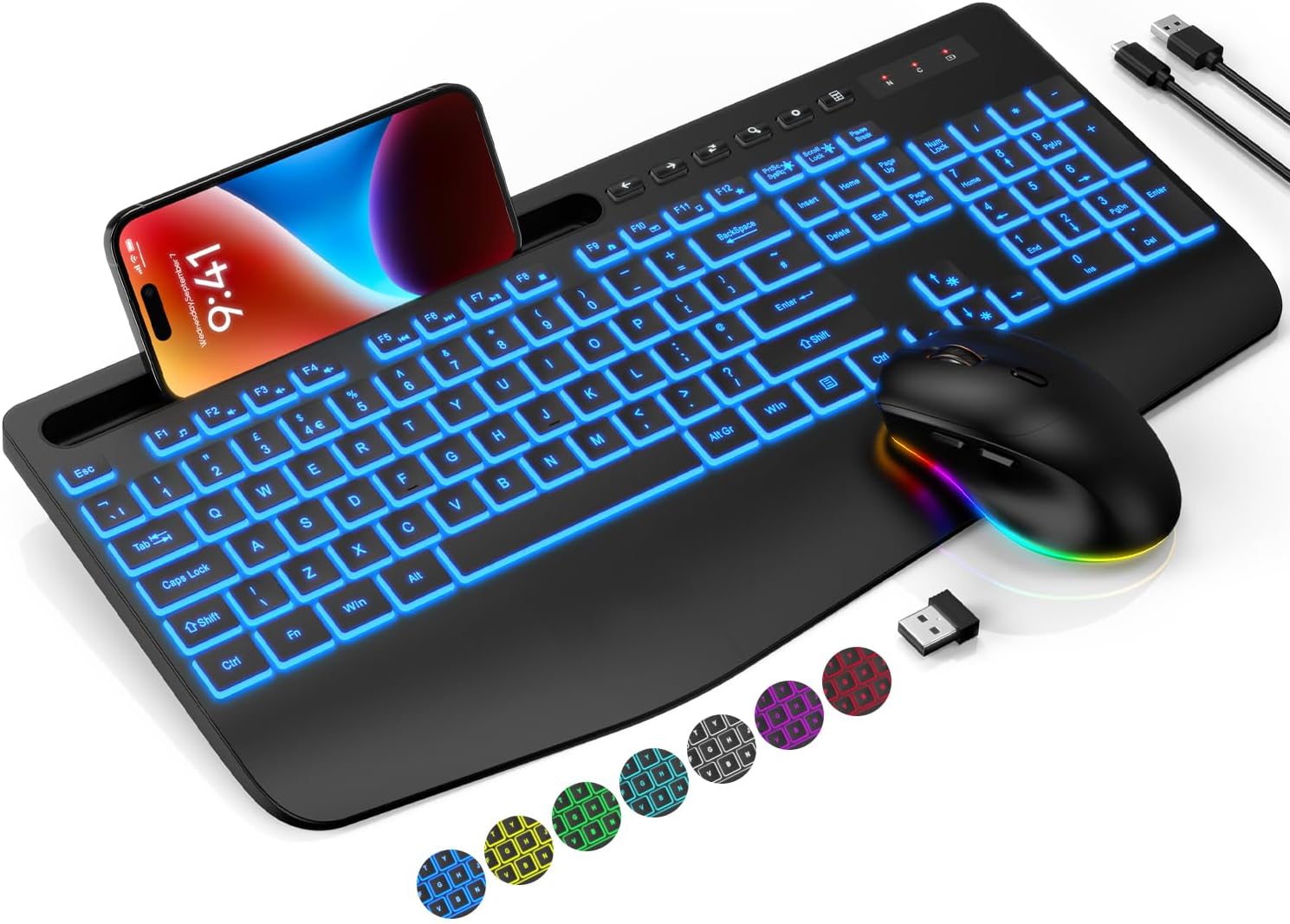 Wireless Keyboard and Mouse Set, 7 Colored Backlit, Wrist Re... - Image 2