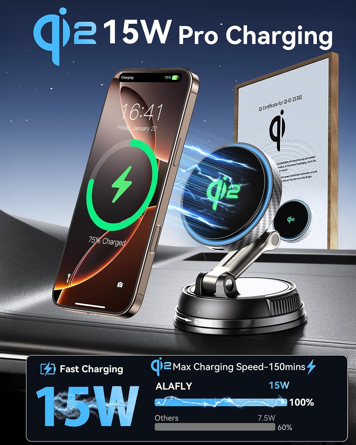 ALAFLY Qi2 Certified 15W for Magsafe Car Mount Charger, [78+... - Image 3