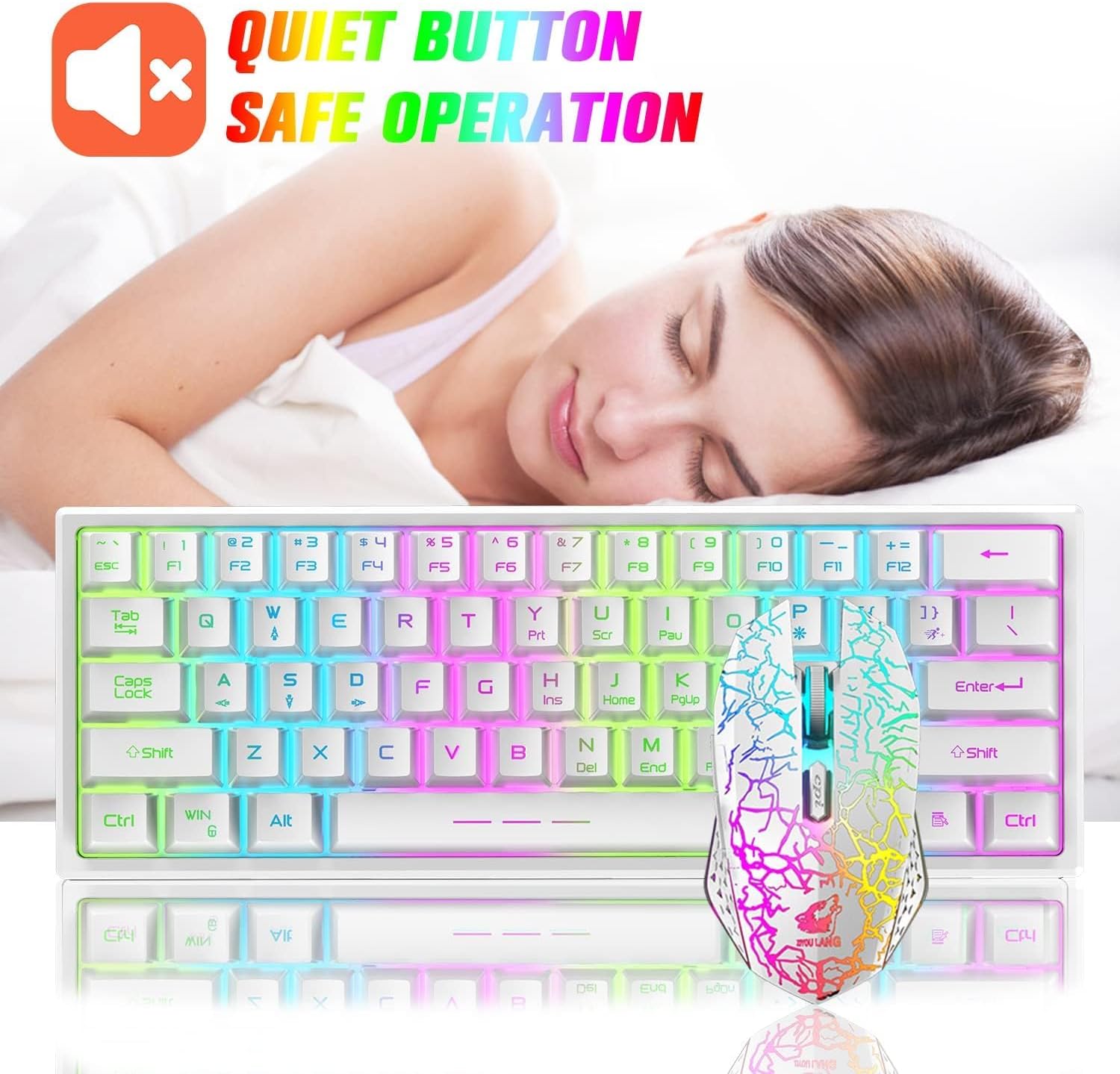 60% Compact wireless gaming keyboard and mouse set, RGB Rain... - Image 9