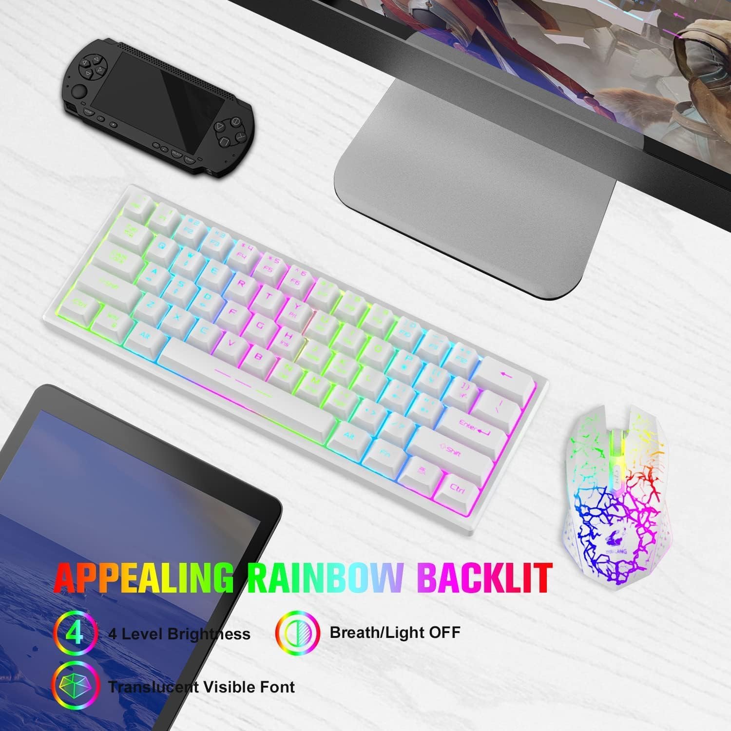 60% Compact wireless gaming keyboard and mouse set, RGB Rain... - Image 10