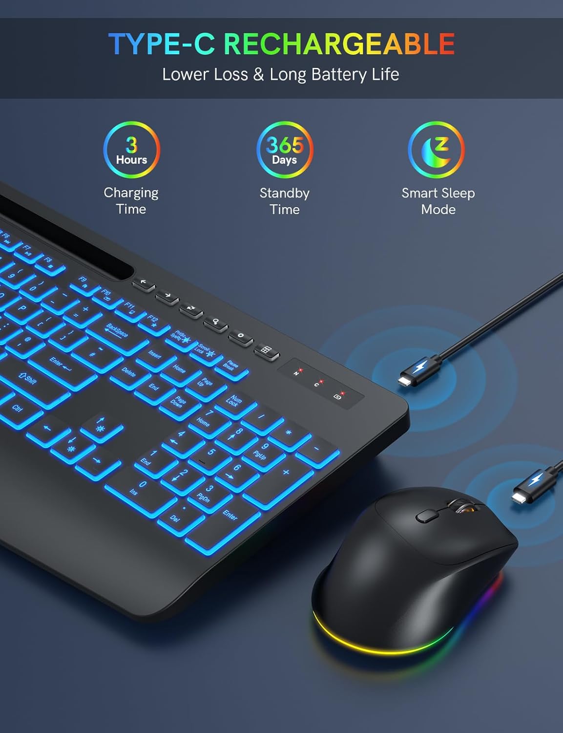 Wireless Keyboard and Mouse Set, 7 Colored Backlit, Wrist Re... - Image 5