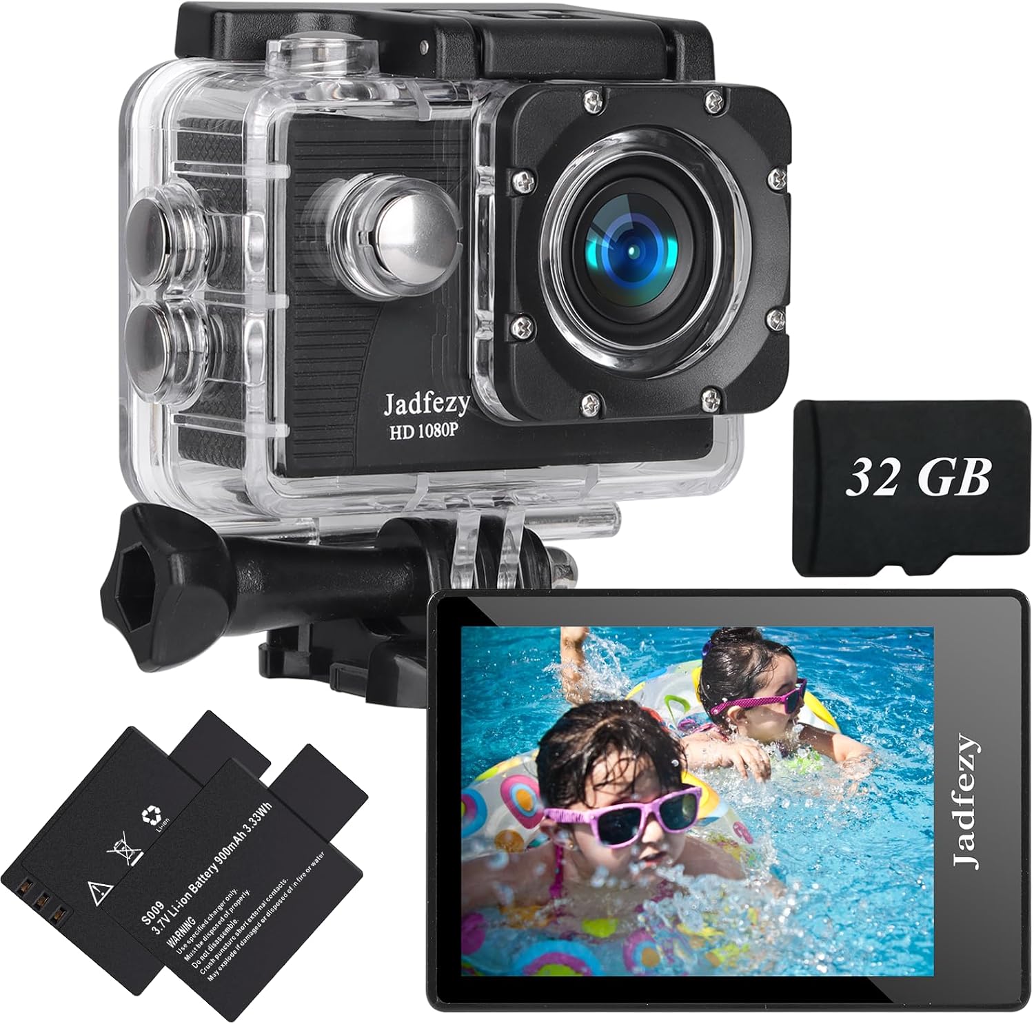 Jadfezy Action Camera FHD 1080P with 32GB Card, 98FT/30M Und...