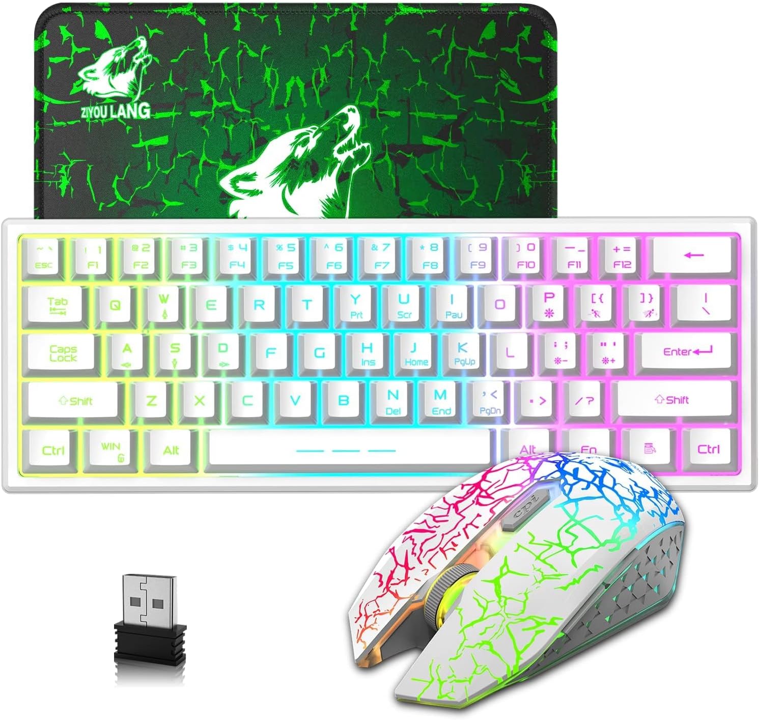 60% Compact wireless gaming keyboard and mouse set, RGB Rain... - Image 2