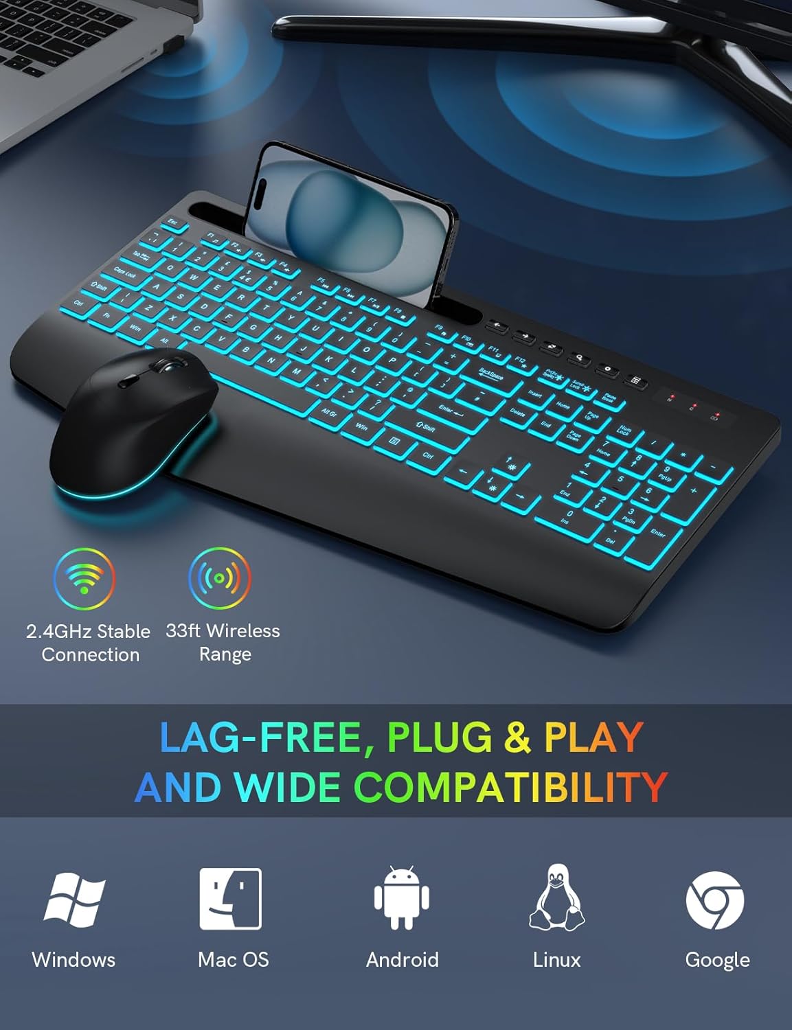 Wireless Keyboard and Mouse Set, 7 Colored Backlit, Wrist Re... - Image 6