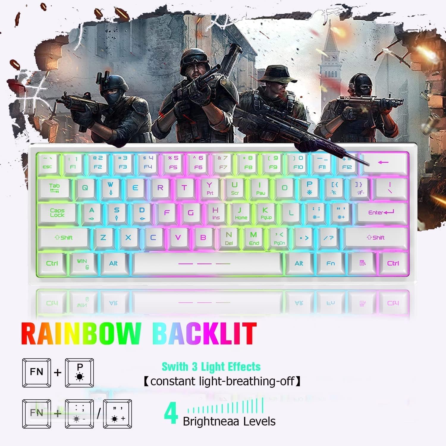 60% Compact wireless gaming keyboard and mouse set, RGB Rain... - Image 6