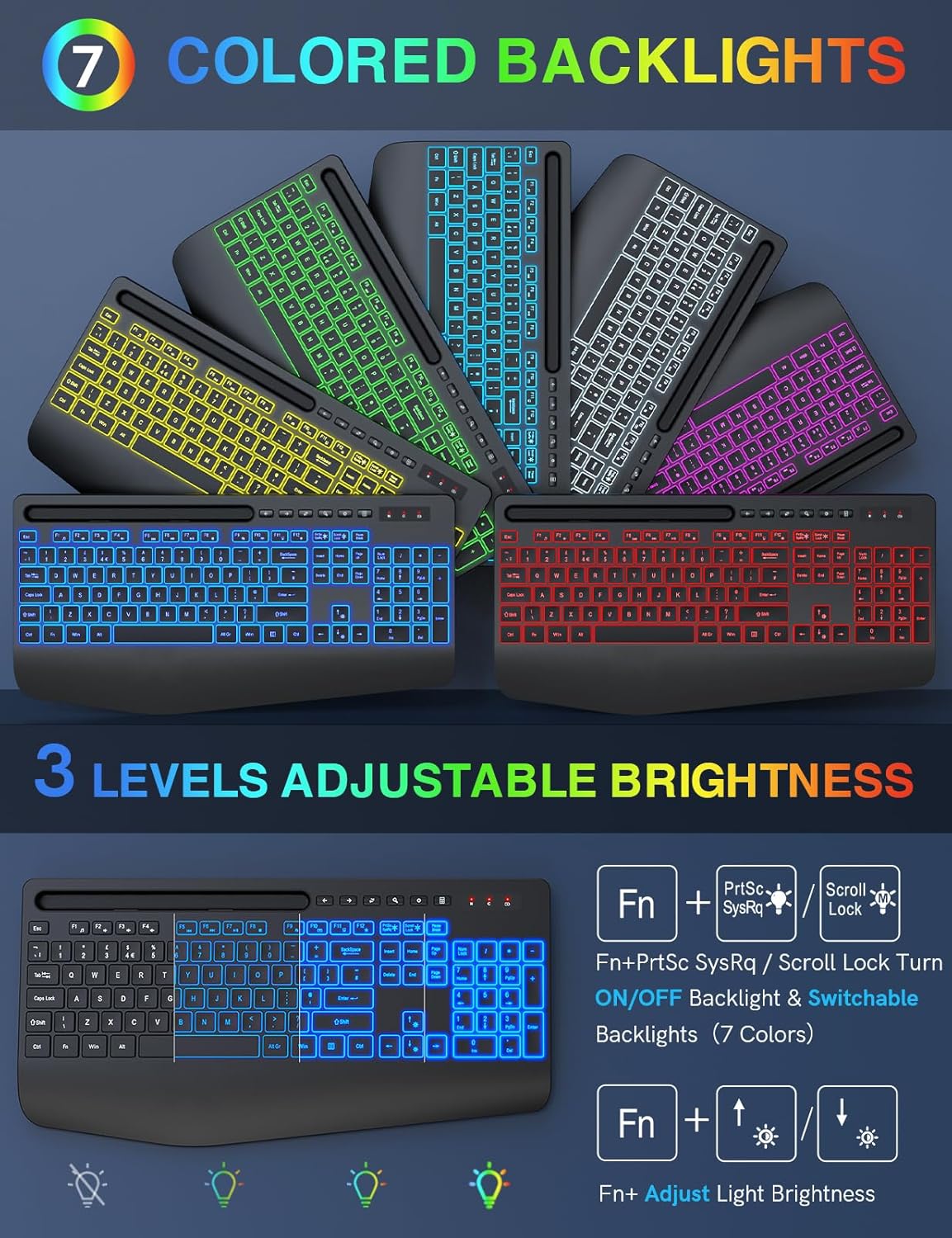 Wireless Keyboard and Mouse Set, 7 Colored Backlit, Wrist Re... - Image 3