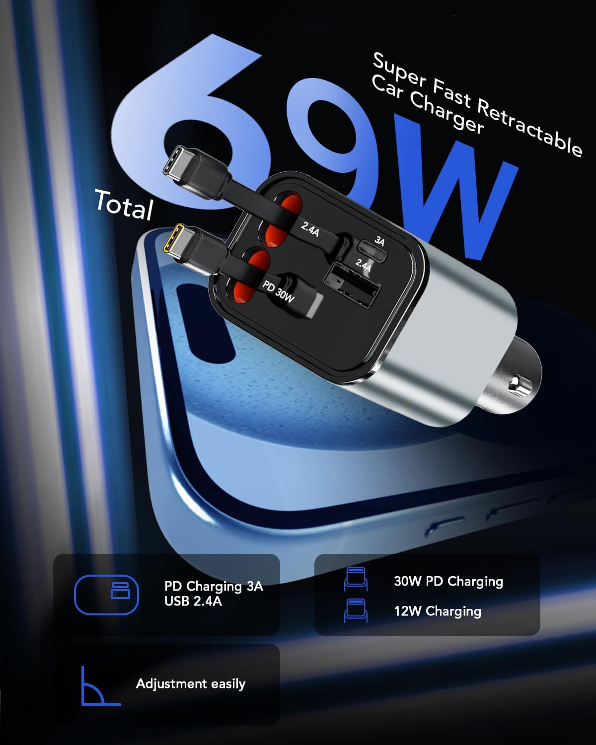 Aimtel Retractable Car Charger,4 in 1 Car Phone Fast Charger... - Image 3