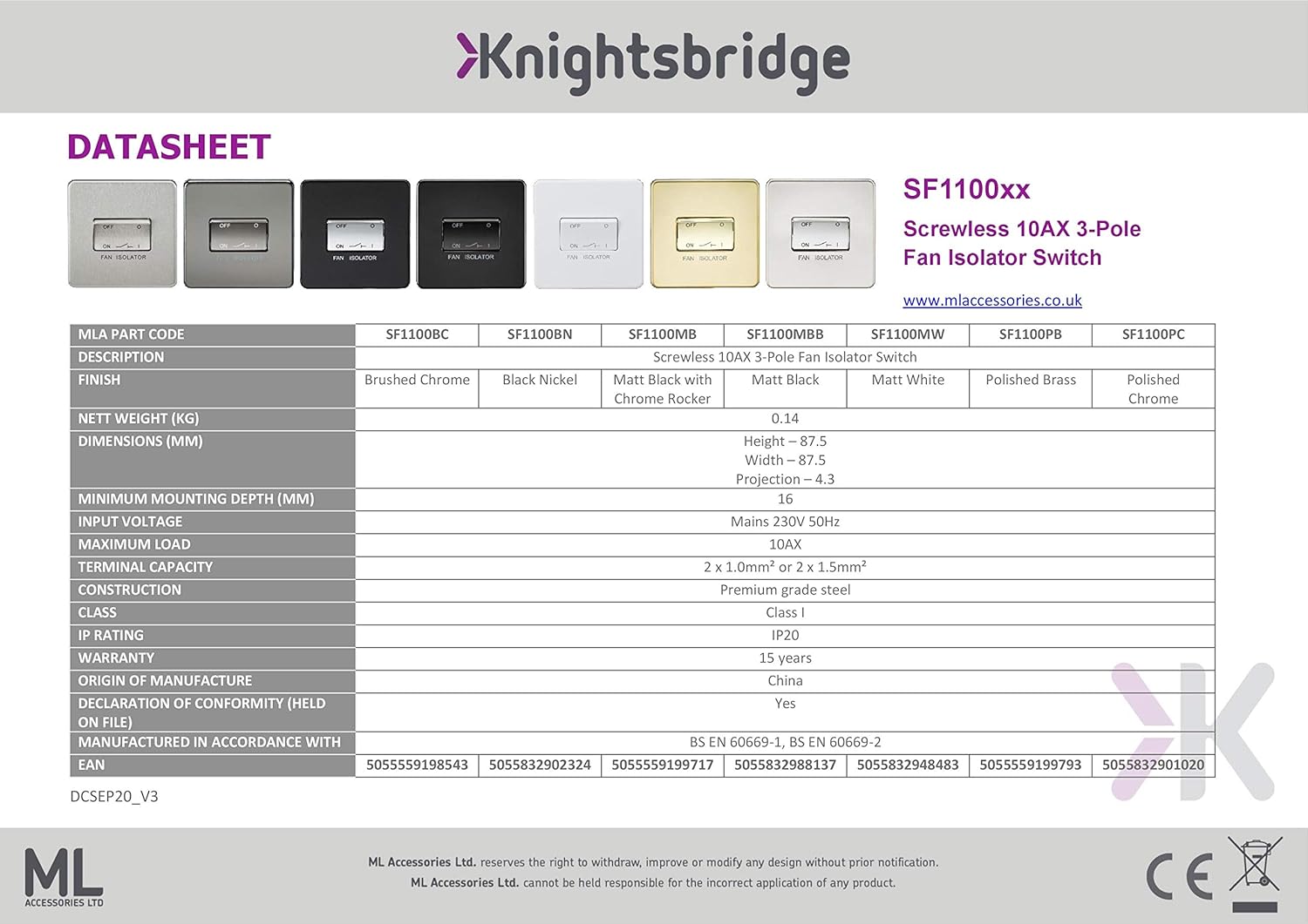 Knightsbridge SF1100MW Screwless 10A 3 Pole Fan Isolator Swi... - Image 4