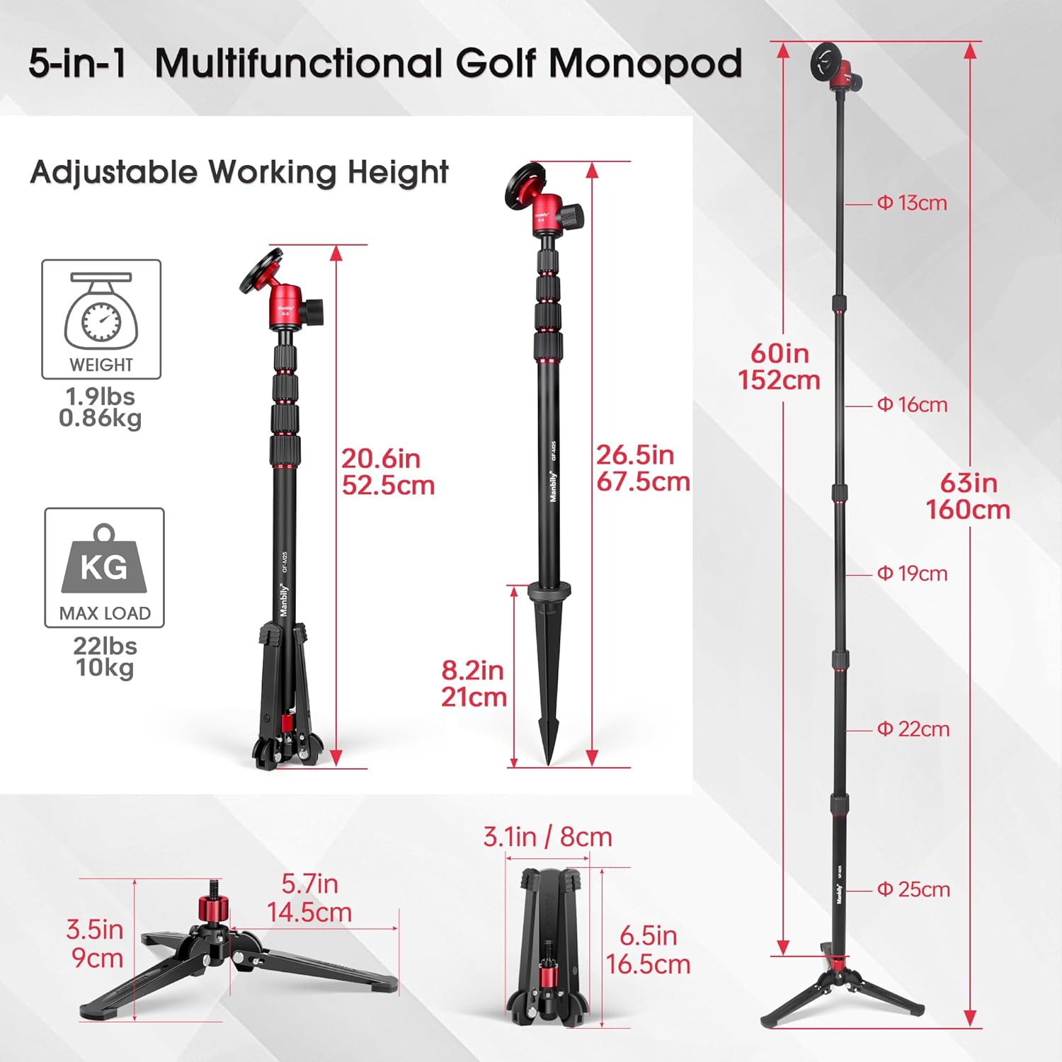 Manbily GF-M25 5-in-1 Golf Monopod for Smartphones, Cameras ... - Image 7