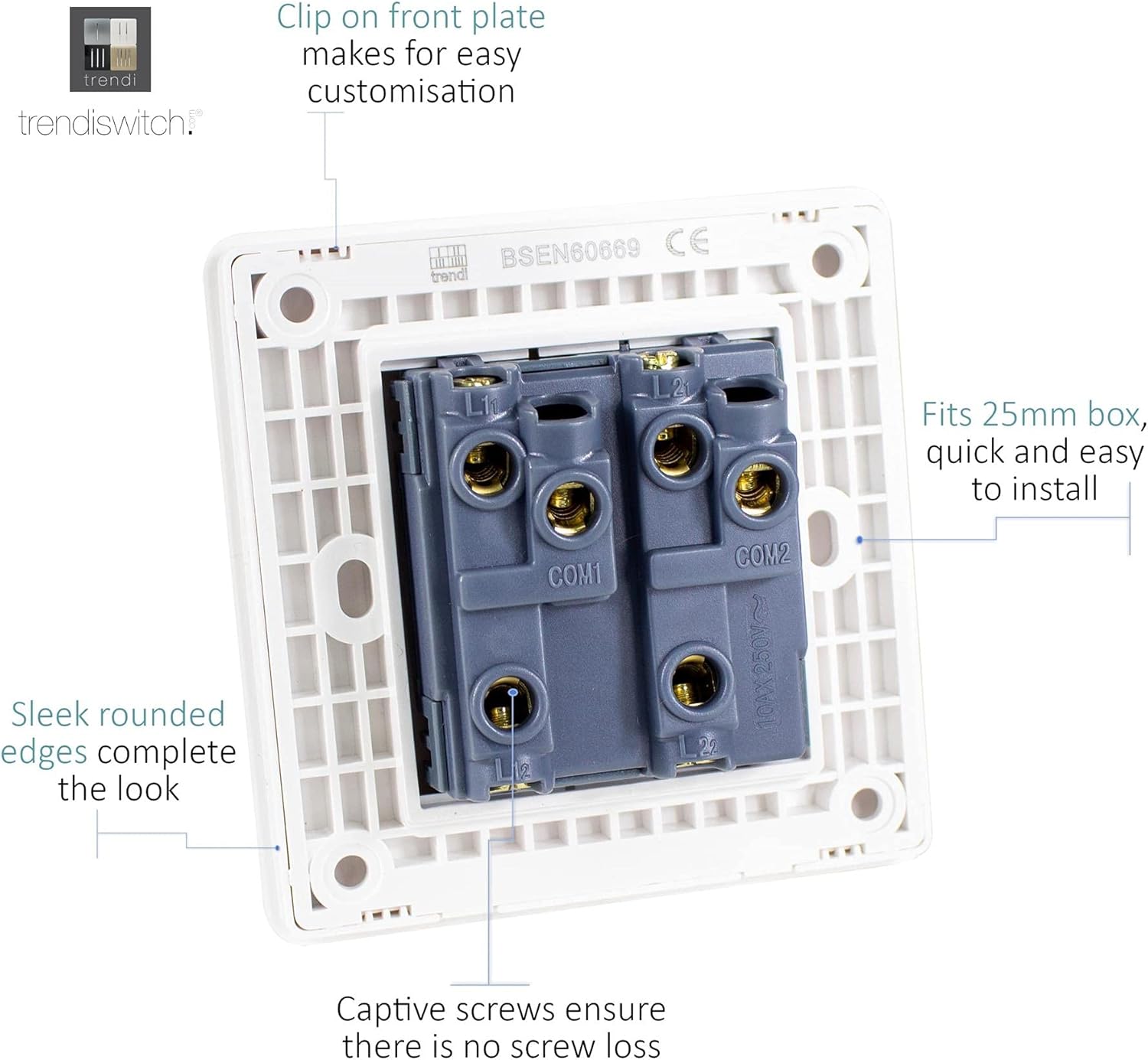 Trendi 2 Gang 2 Way 240V Screwless Raised Front Plate Plasti... - Image 6