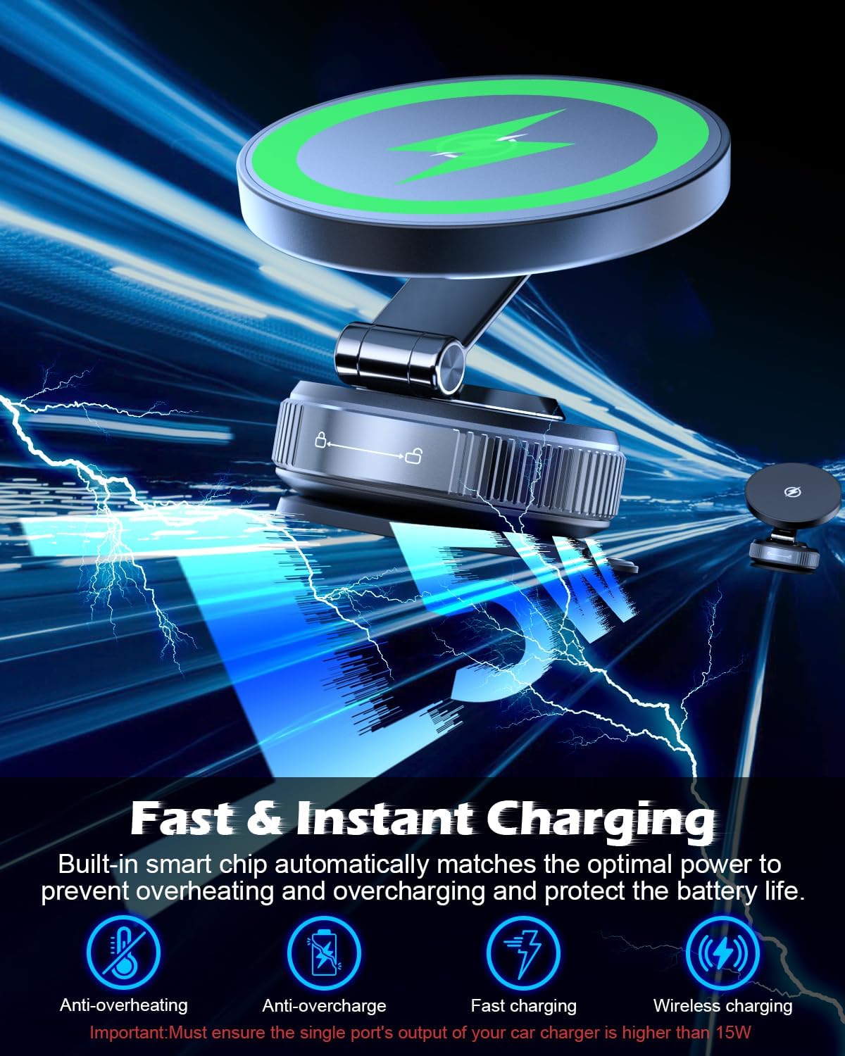 CloudValley 15W Magnetic Wireless Car Charger Mount, Nano Ge... - Image 3