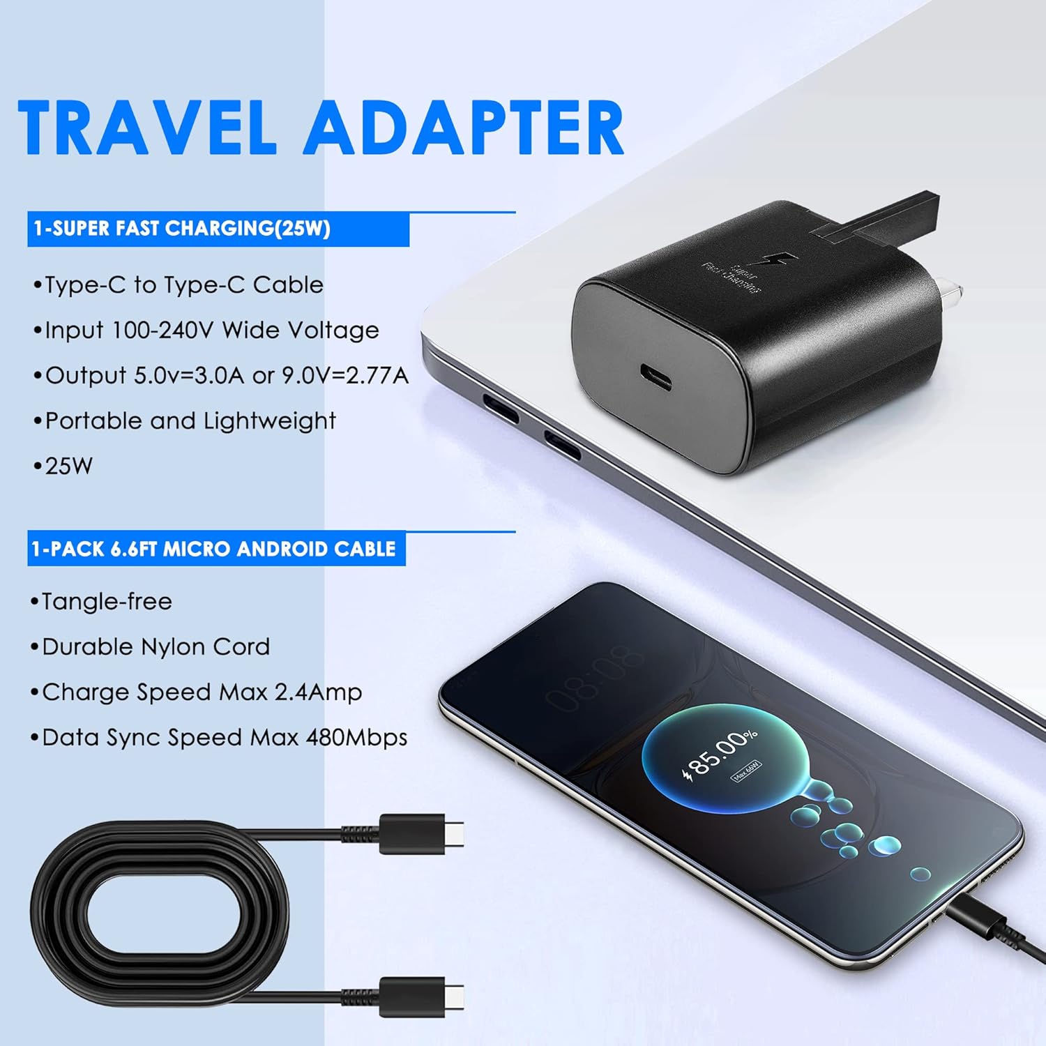 25W Samsung Phone Fast Charger Plug With 6 FT USB C Cable Co... - Image 4