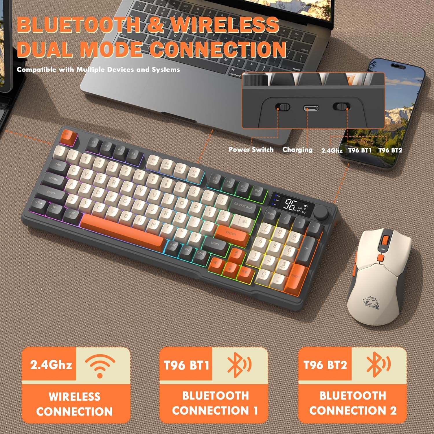 FREEWOLF T96 Wireless Keyboard and Mouse Combo, Bluetooth & ... - Image 4