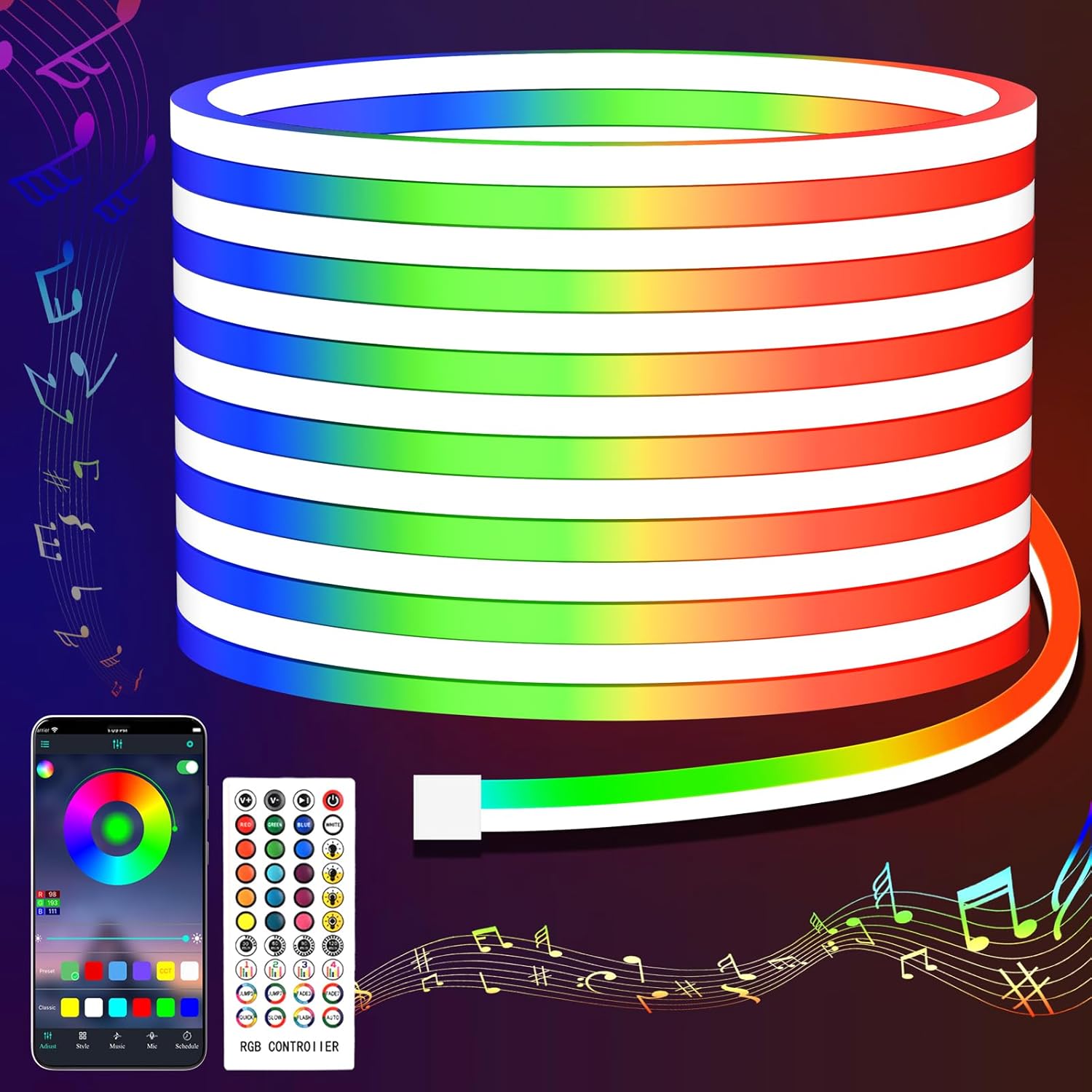 Led Rope Lights,10M RGB LED Neon Rope Lights Control with Re... - Image 2