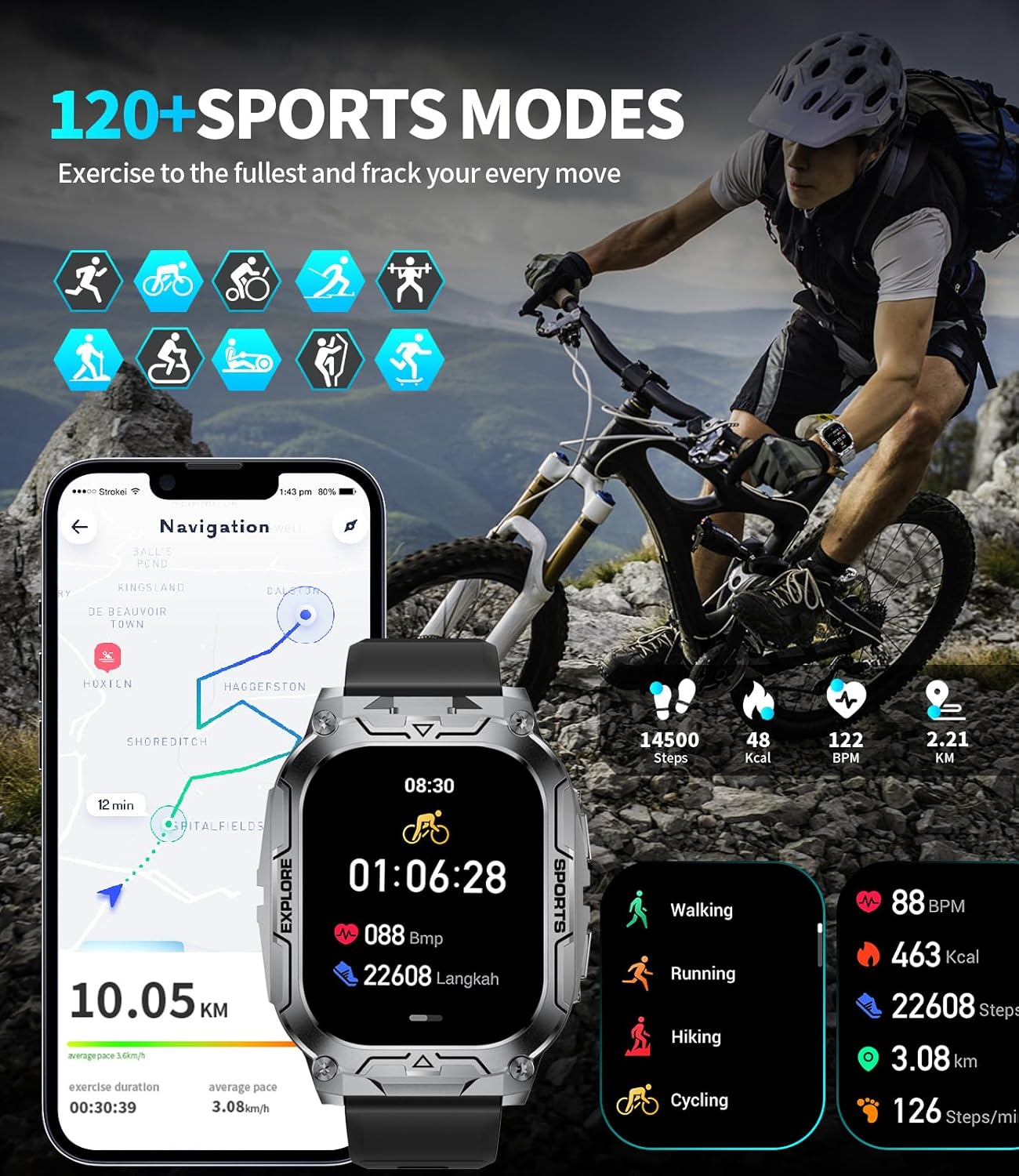 TX12 Smart Watch for Men, 1000 mAh Battery/LED Flashligh Mil... - Image 6
