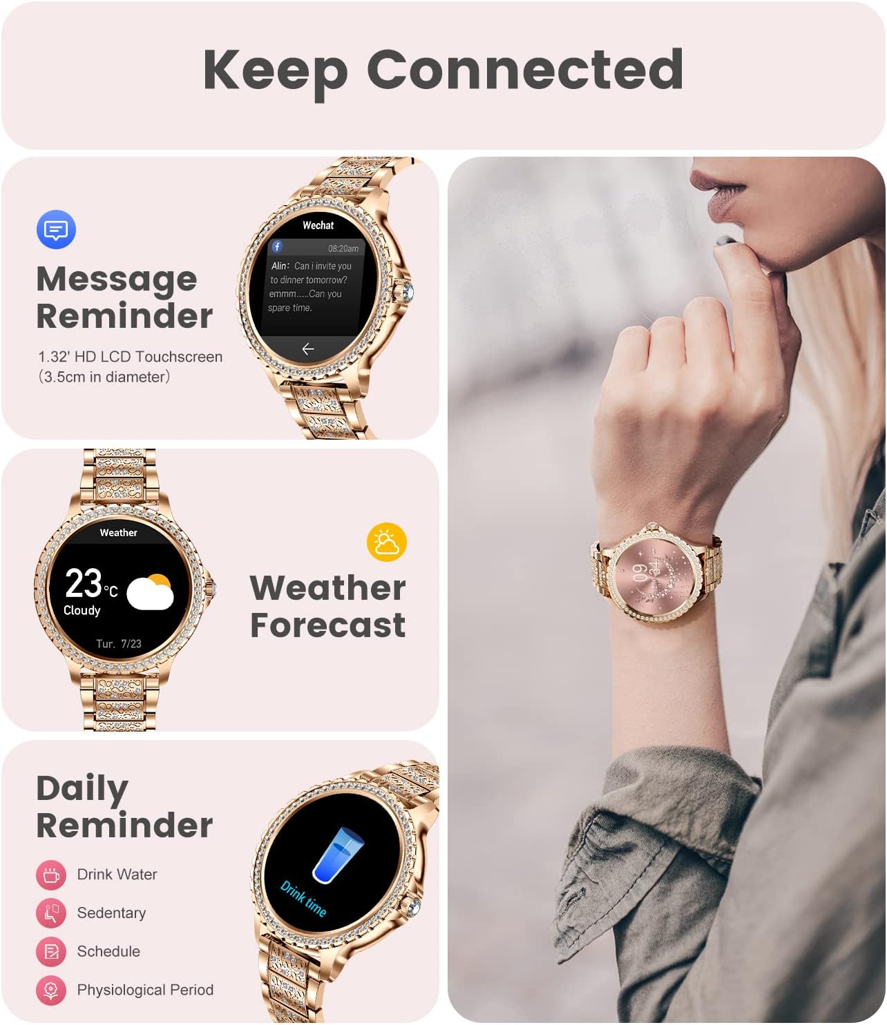 LIGE Women's Smart Watch 1.32" HD Elegant Diamond Bluetooth ... - Image 5