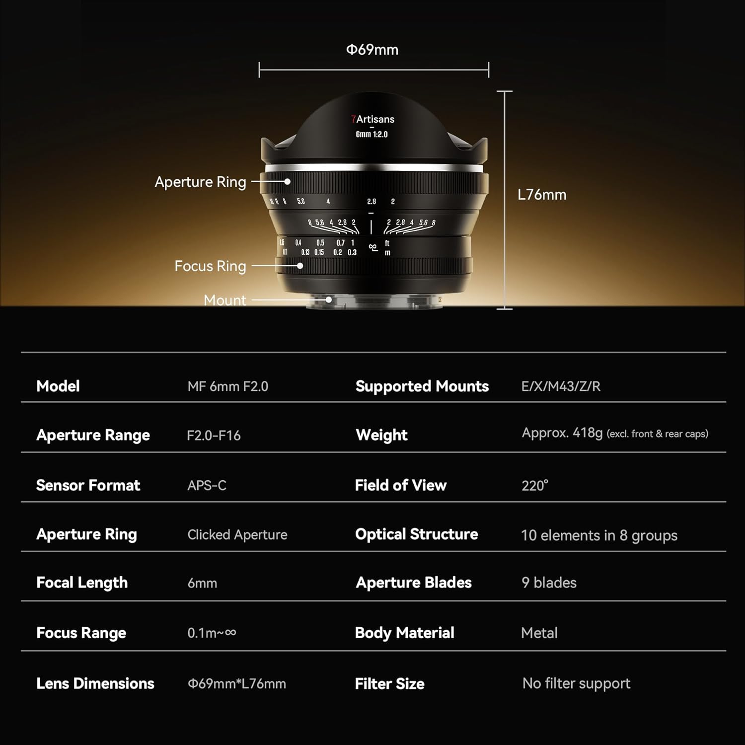 7artisans 6mm F2.0 APS-C Fisheye Ultra Wide Angle 220°Lens M... - Image 6