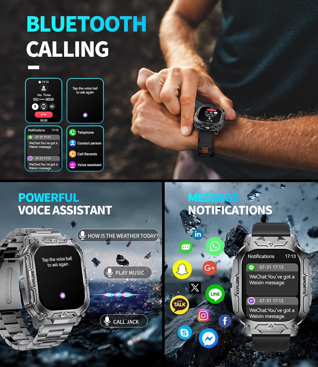 TX12 Smart Watch for Men, 1000 mAh Battery/LED Flashligh Mil... - Image 5