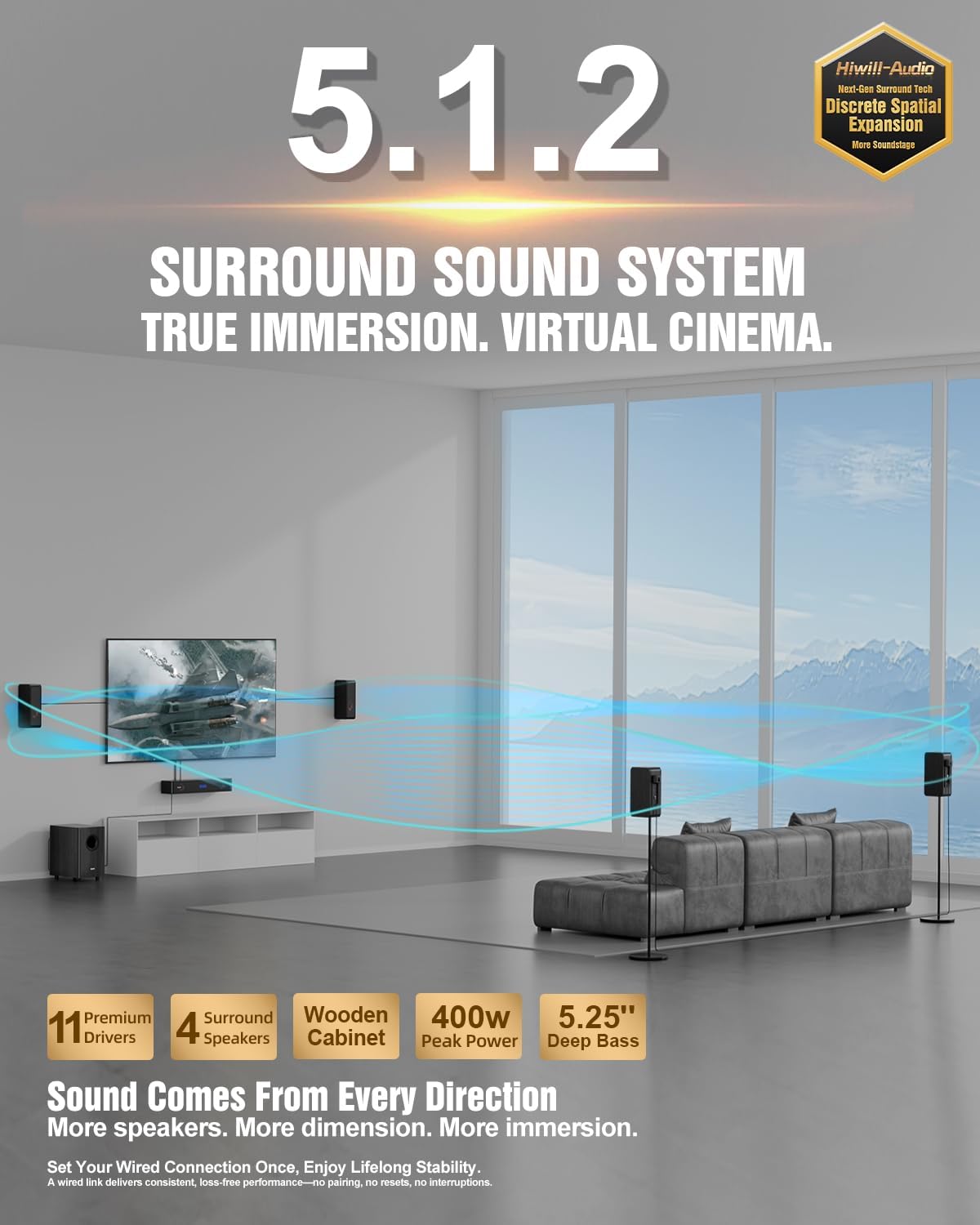 Wooden Soundbar for TV with Clear Dialogue, 5.1 Surround Sou... - Image 3