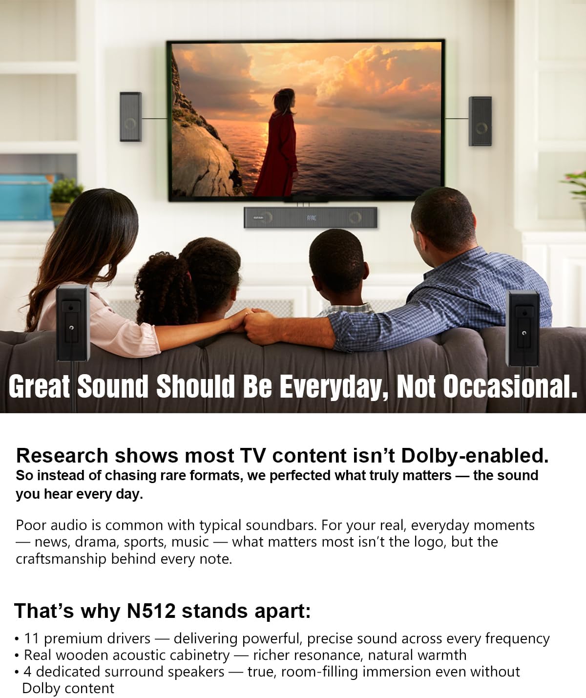 Wooden Soundbar for TV with Clear Dialogue, 5.1 Surround Sou... - Image 6