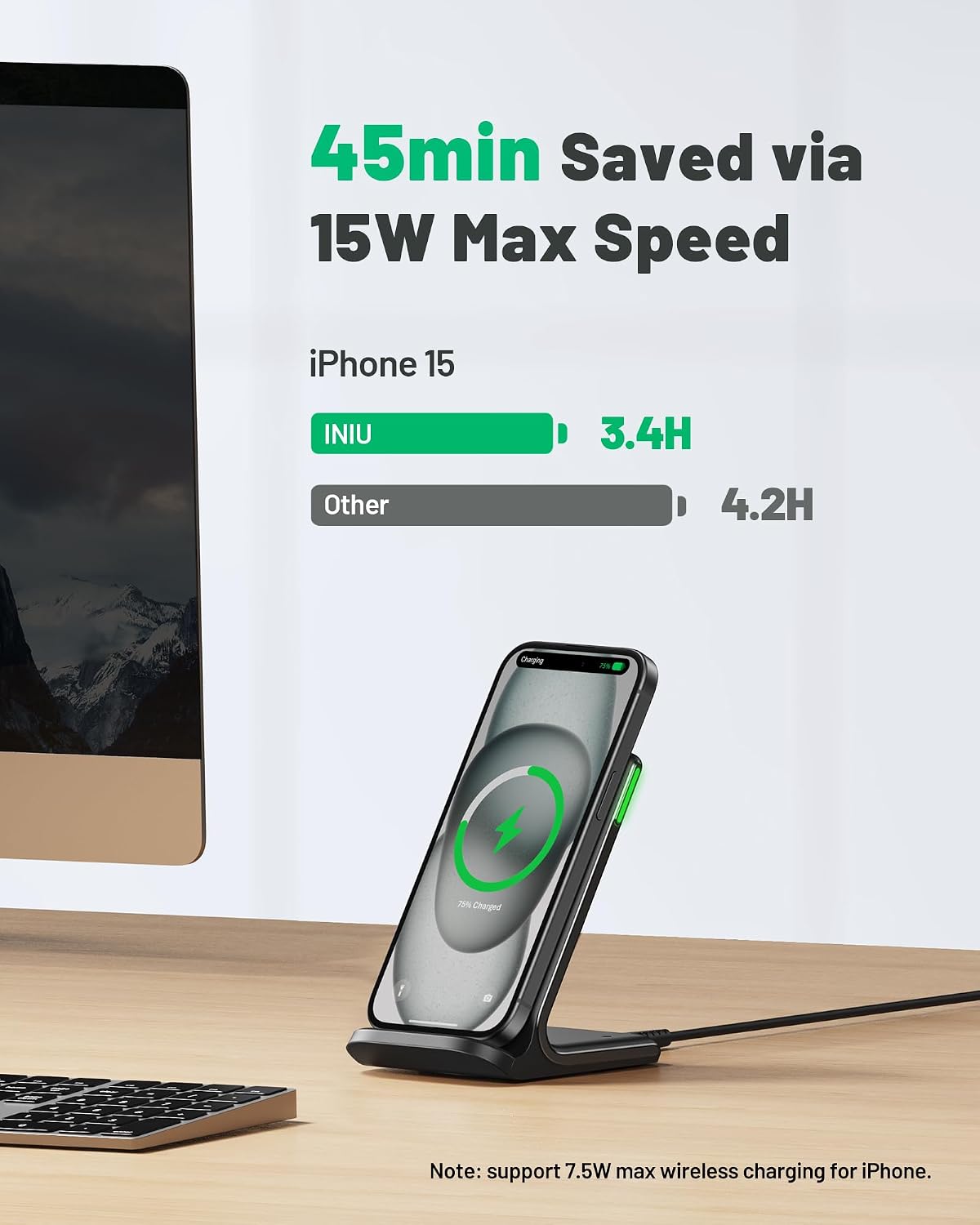 INIU Wireless Charger Stand, 15W Fast Charging Dock Phone Ch... - Image 3