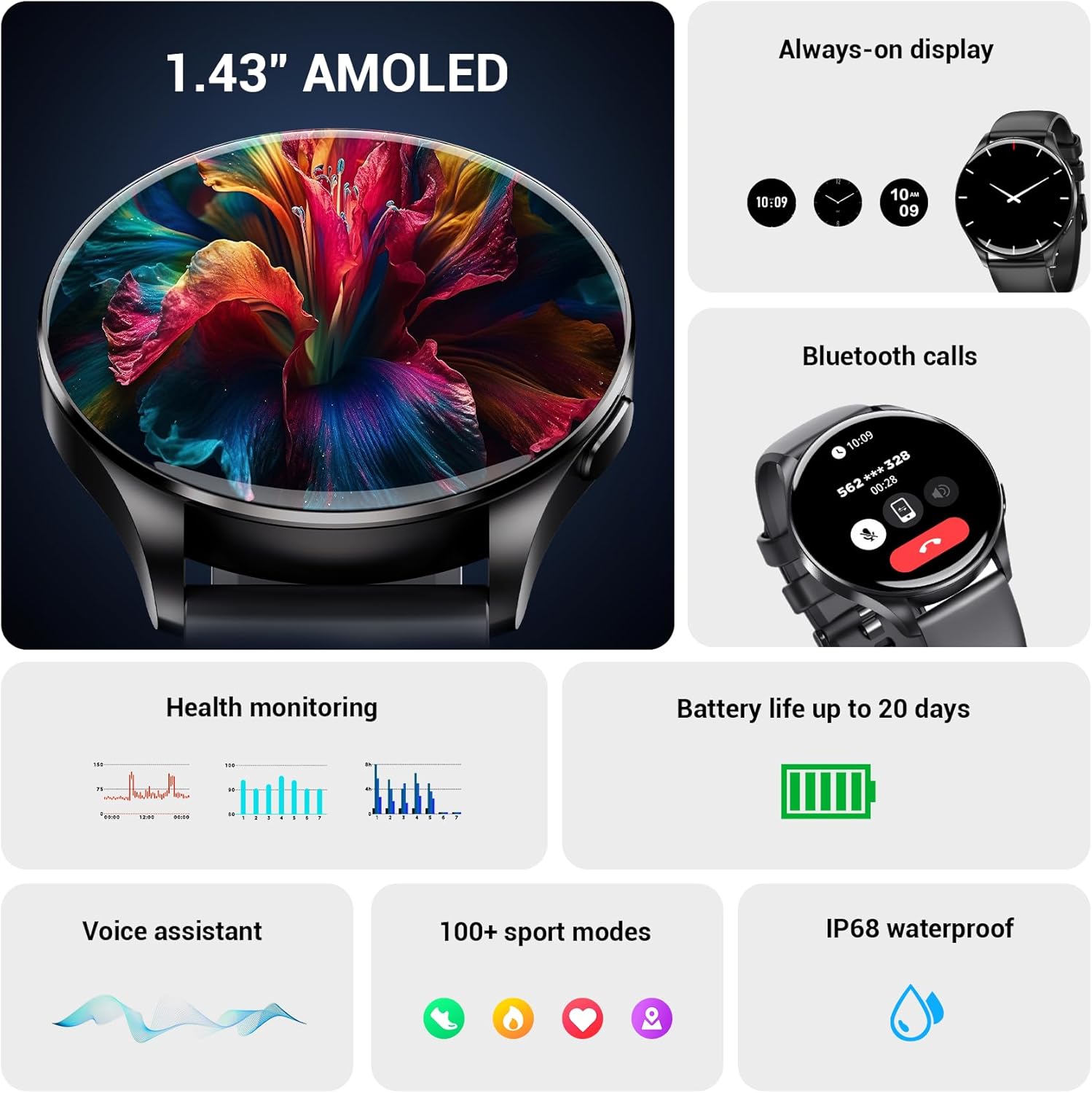 Smart Watch for Men Women,Answer/Make Call, 1.43" AMOLED Alw... - Image 7