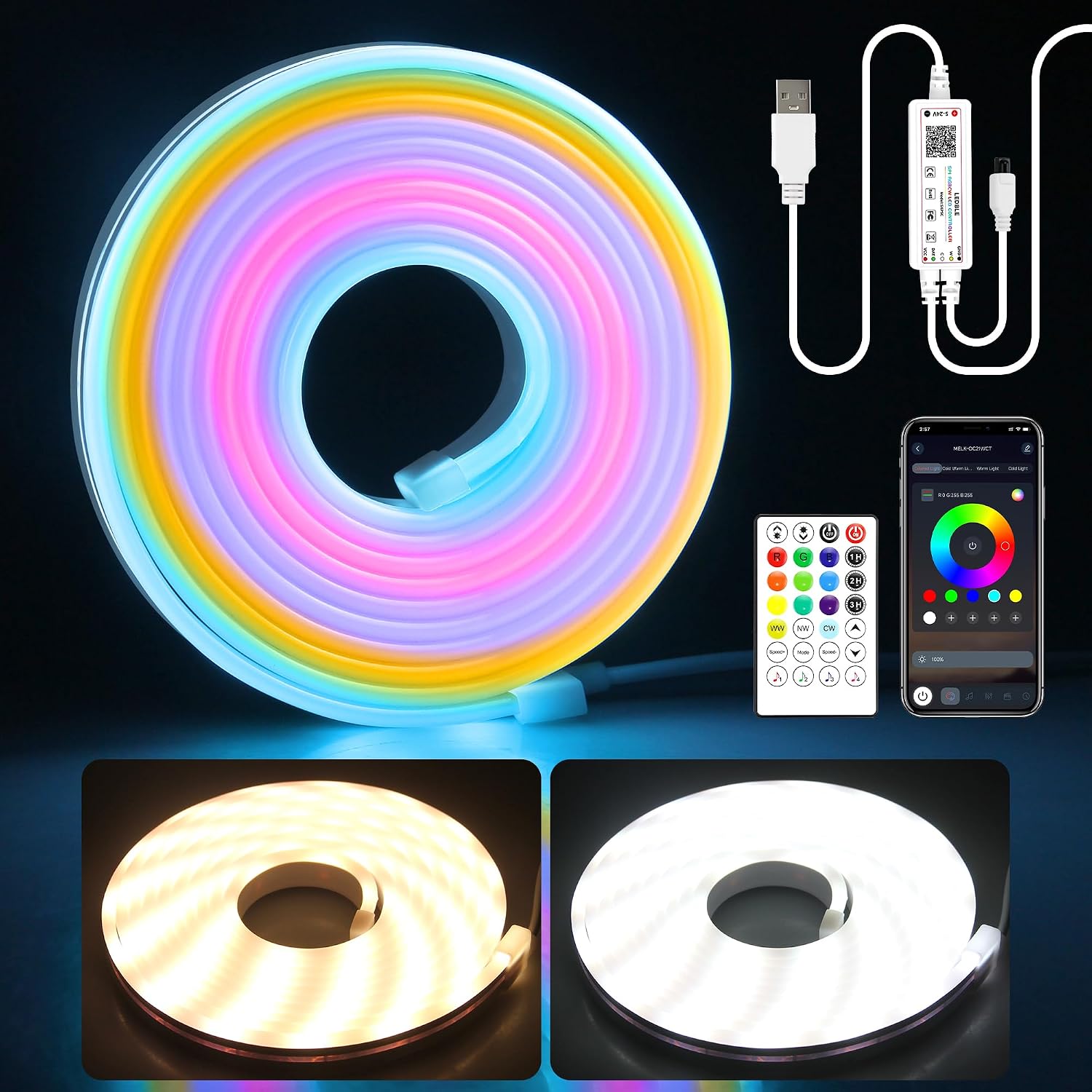 Aclorol RGB CCT Neon LED Strip 3M 108D/M IP65 Waterproof Add... - Image 2