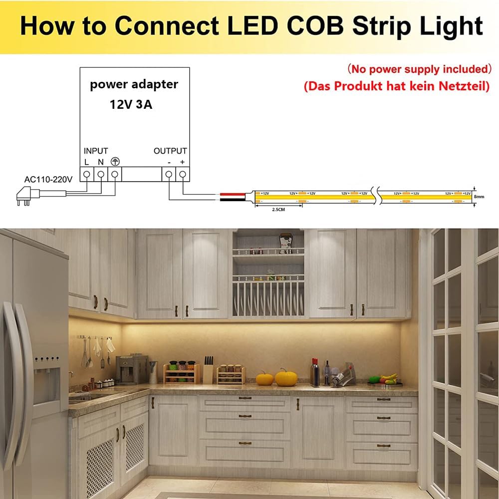 TOPAI 12V COB LED Strip 3000K Warm White 5M Dotless IP65 Wat... - Image 8