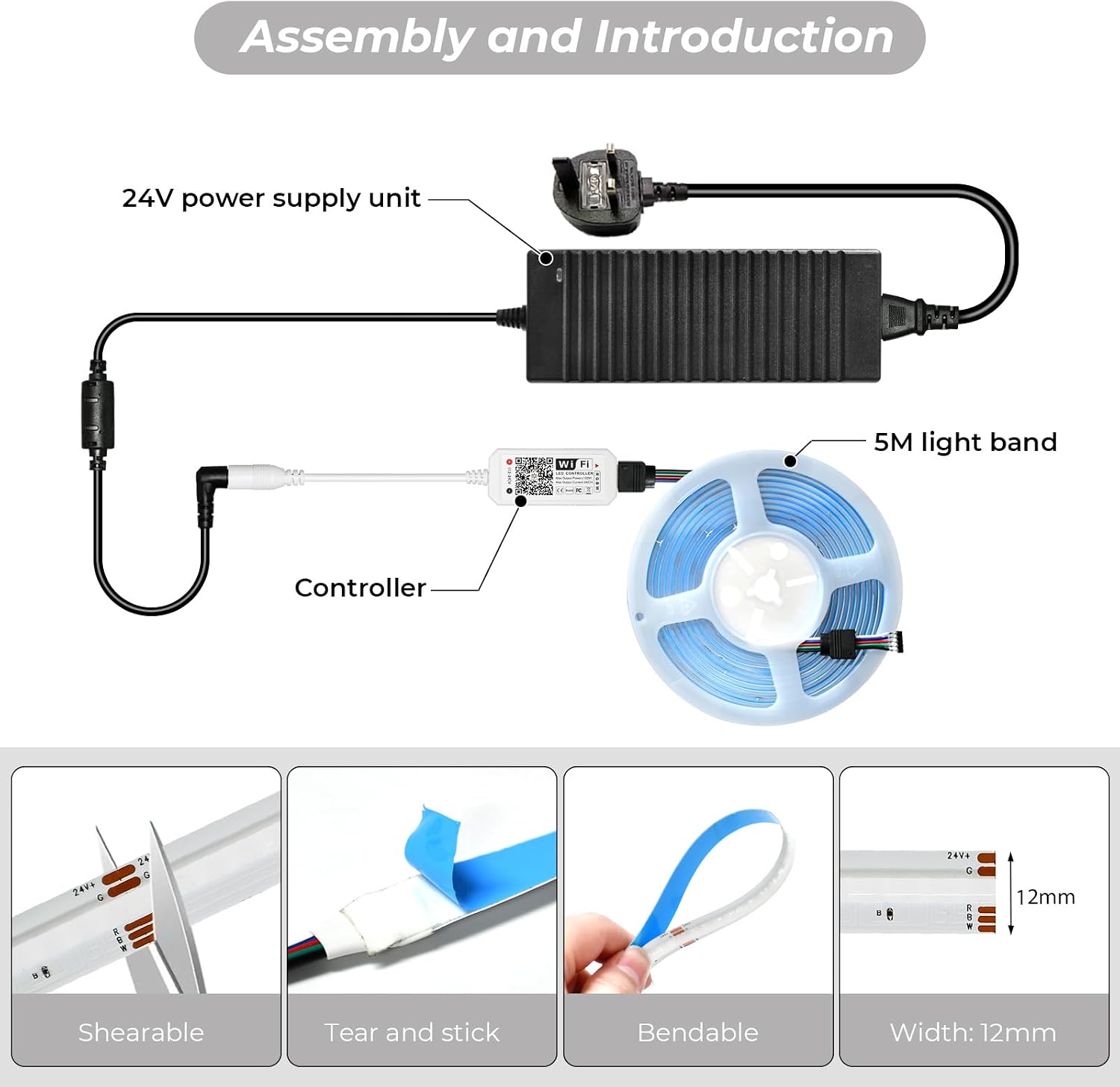 WiFi RGBW COB LED Strip Light, 24V 5M Tape Light for Home De... - Image 3