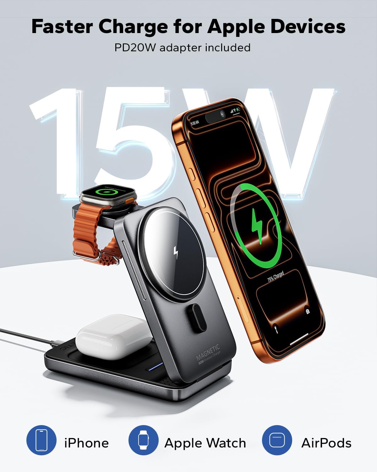 KPON 3 in 1 Wireless Charging Station for Apple, Foldable Ma... - Image 5