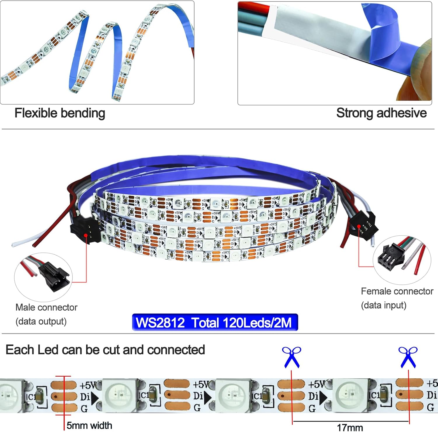 WS2812B LED Strip Light 5V, 5mm Ultra Narrow RGB Pixel Strip... - Image 4