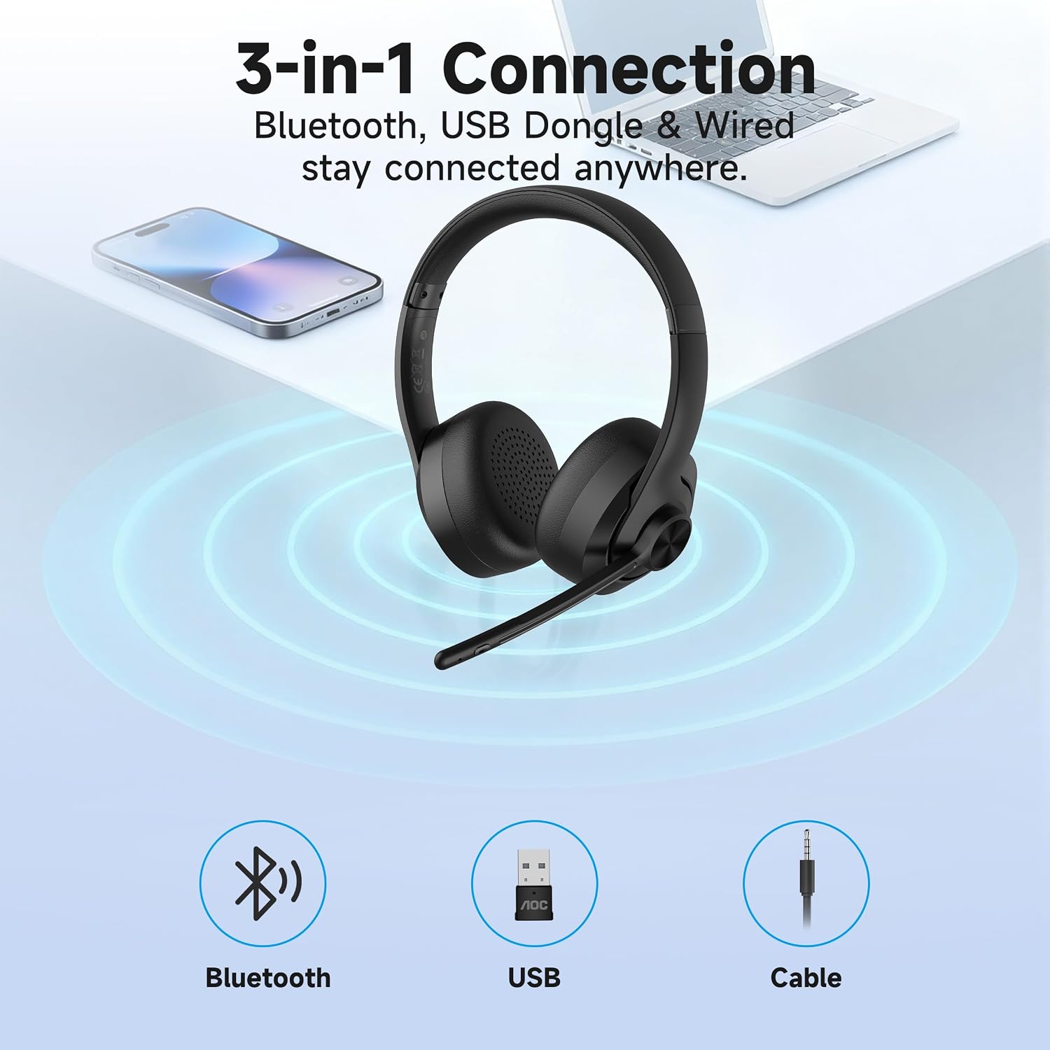 AOC Wireless Headset with Microphone 3 Modes Connection Blue... - Image 4