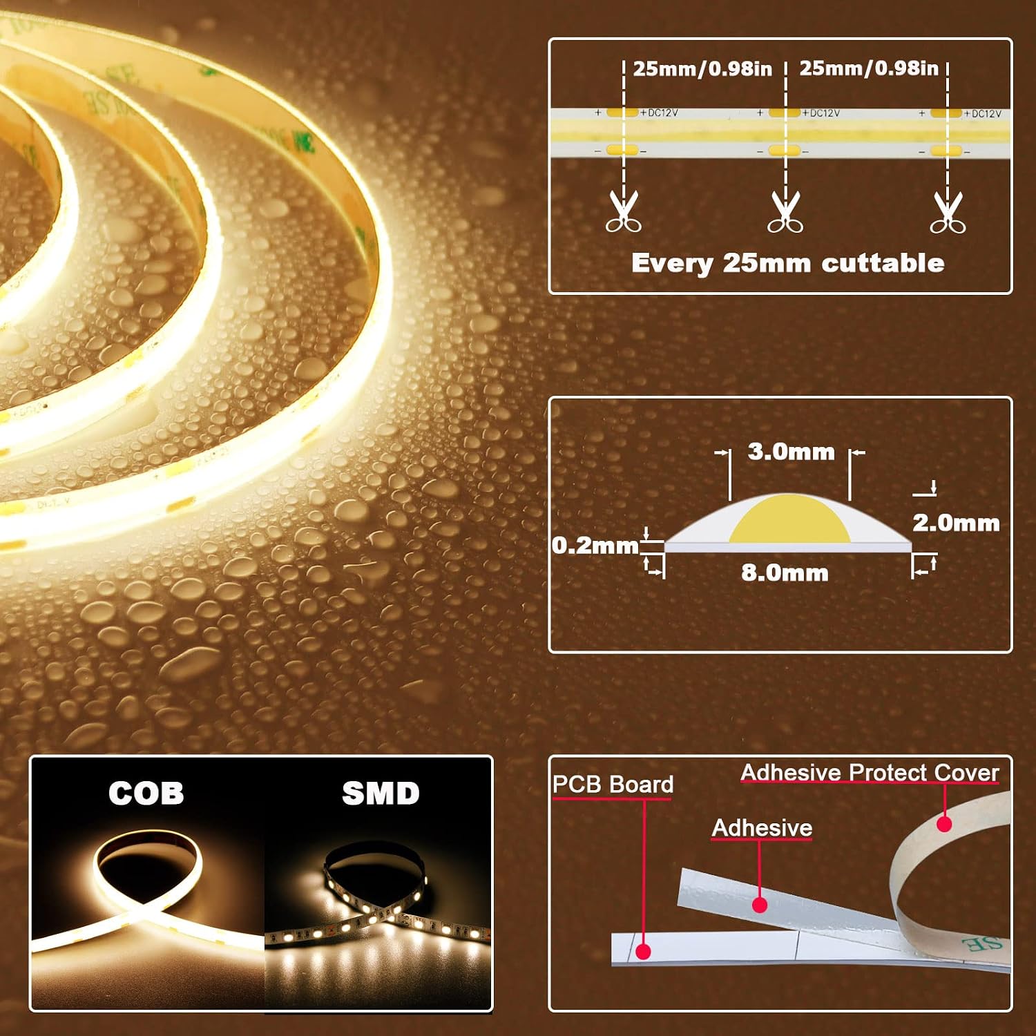 TOPAI 12V COB LED Strip 3000K Warm White 5M Dotless IP65 Wat... - Image 4