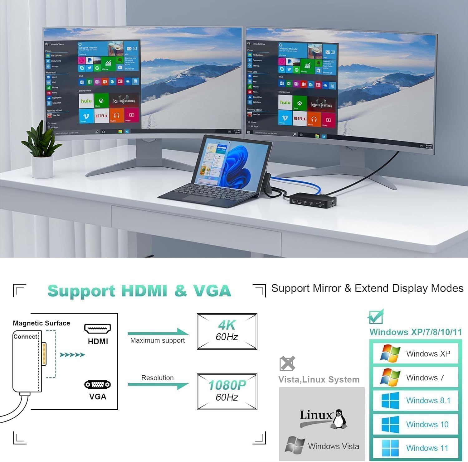 4k@60Hz HDMI+VGA Microsoft Surface Dock Triple Displays - 11... - Image 8