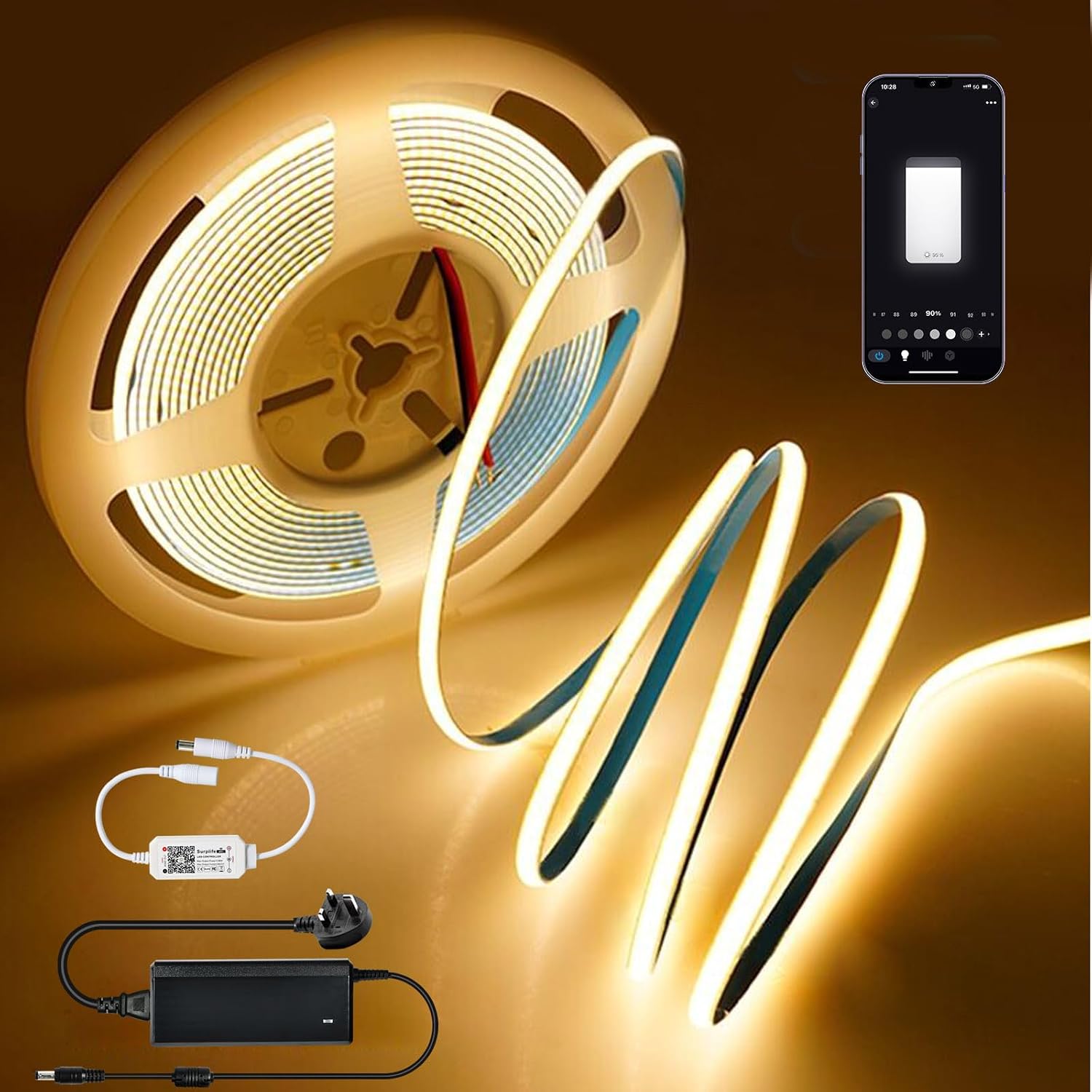5M WiFi COB LED Strip Light Warm White,384LEDs/m Ultra Thin ...