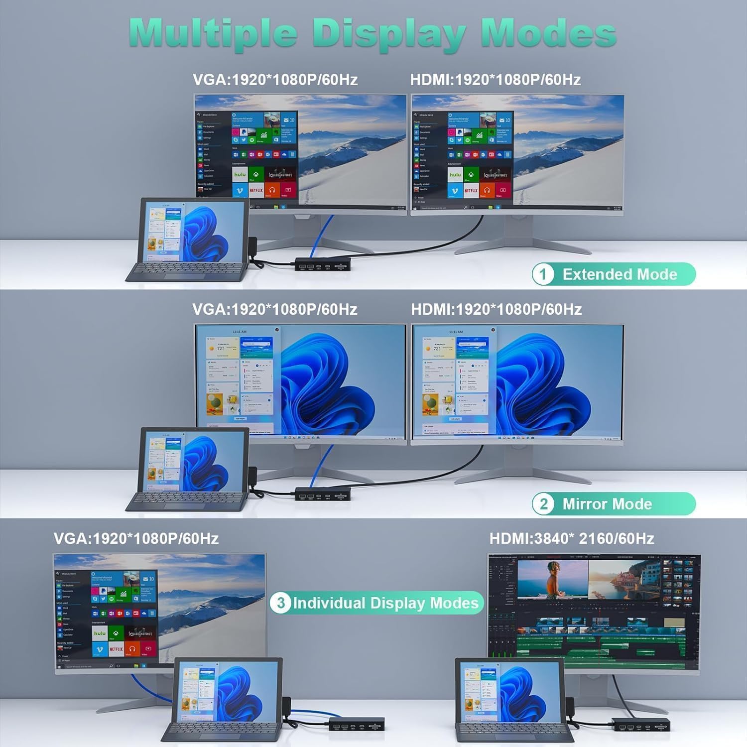 4k@60Hz HDMI+VGA Microsoft Surface Dock Triple Displays - 11... - Image 3