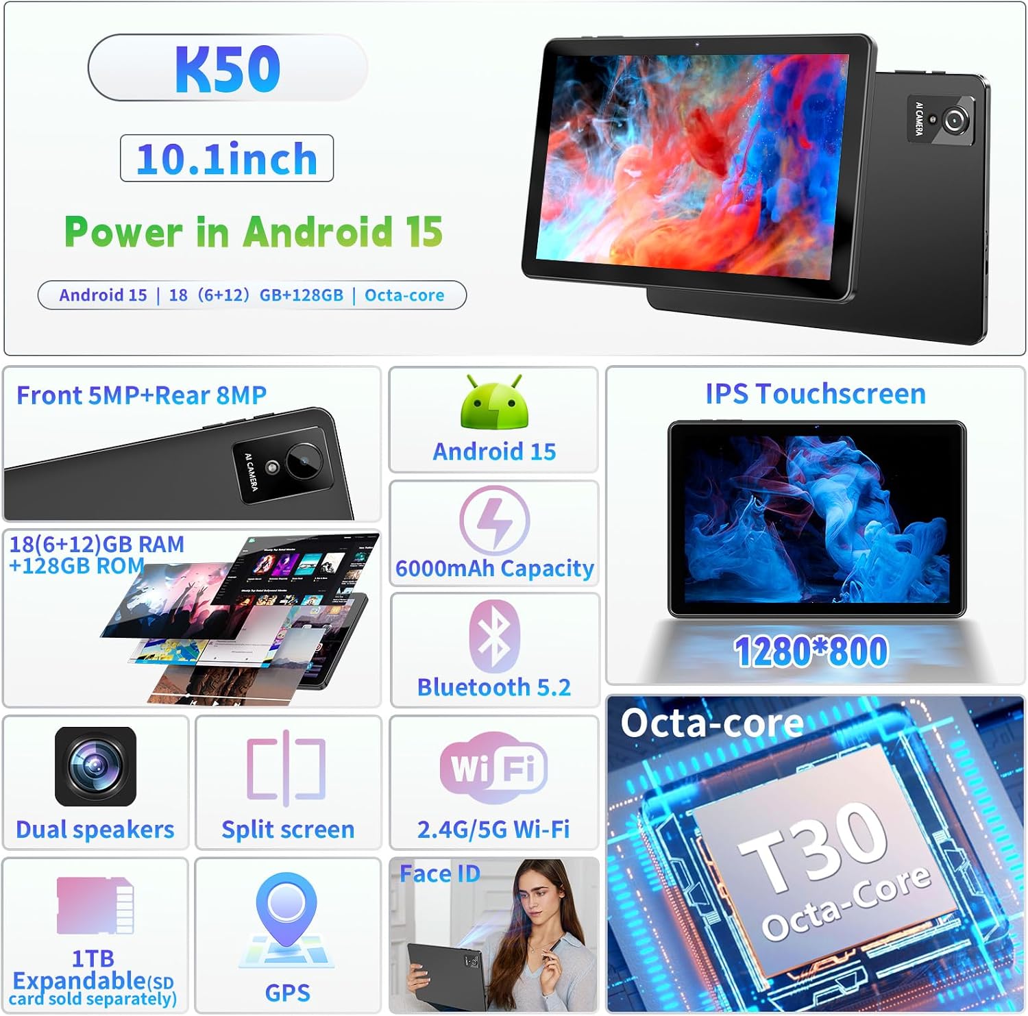 Tablet 10 inch Android 15, 18GB RAM 128 ROM, 6000mAh - Image 3